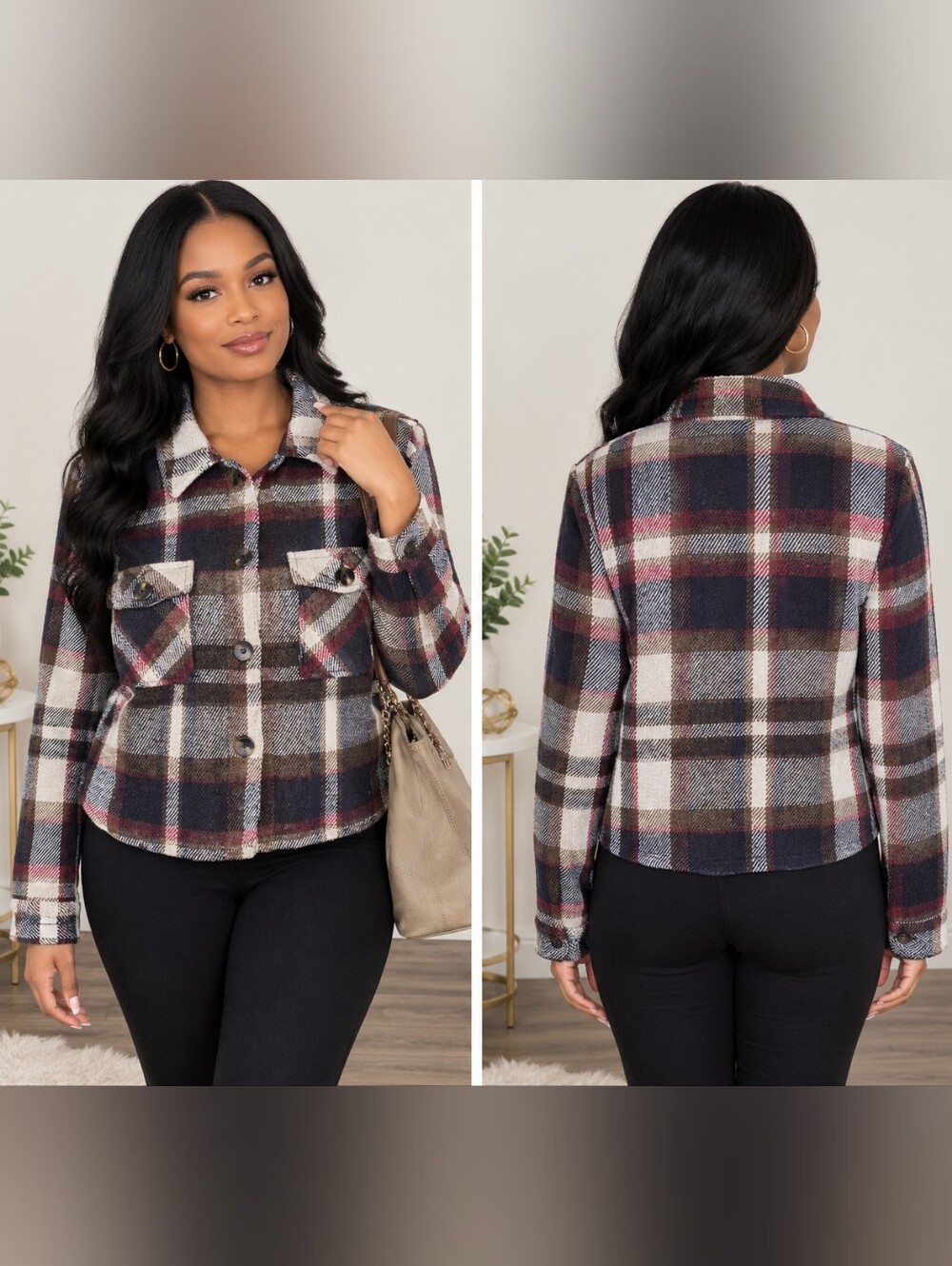 C By One Woman's Large Plaid Cropped Jacket in Brown and Cream
